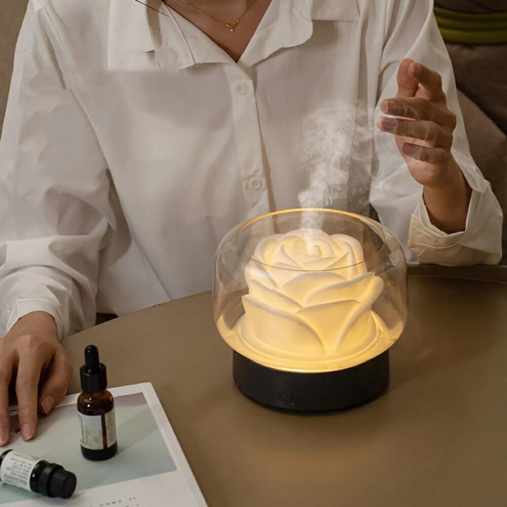 加湿器 薔薇 アロマ ローズ ホワイト Rose 乾燥対策 アロマ ディフューザー 加湿機 LED 照明 アロマ ランプ ナイト ライト 超音波 アロマ加湿器 卓上 リビング 部屋 ダイニング 寝室 可愛い 癒しグッズ コンパクト お誕生日 プレゼント