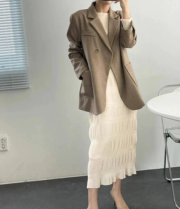 【超得ハイパーSALE】シャーリングシフォンワンピース（アイボリー/長袖/Mサイズ）