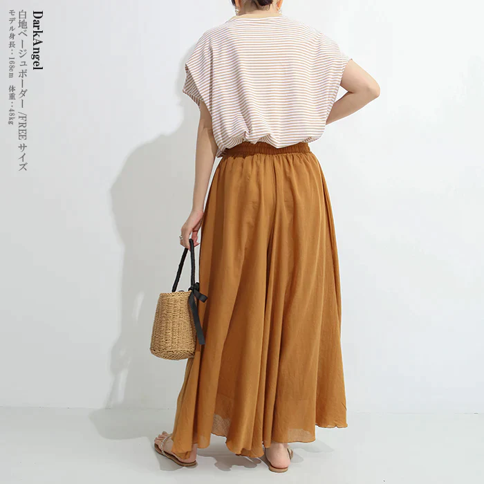 ショルダータックTシャツ（白地ベージュボーダー/FREEサイズ）