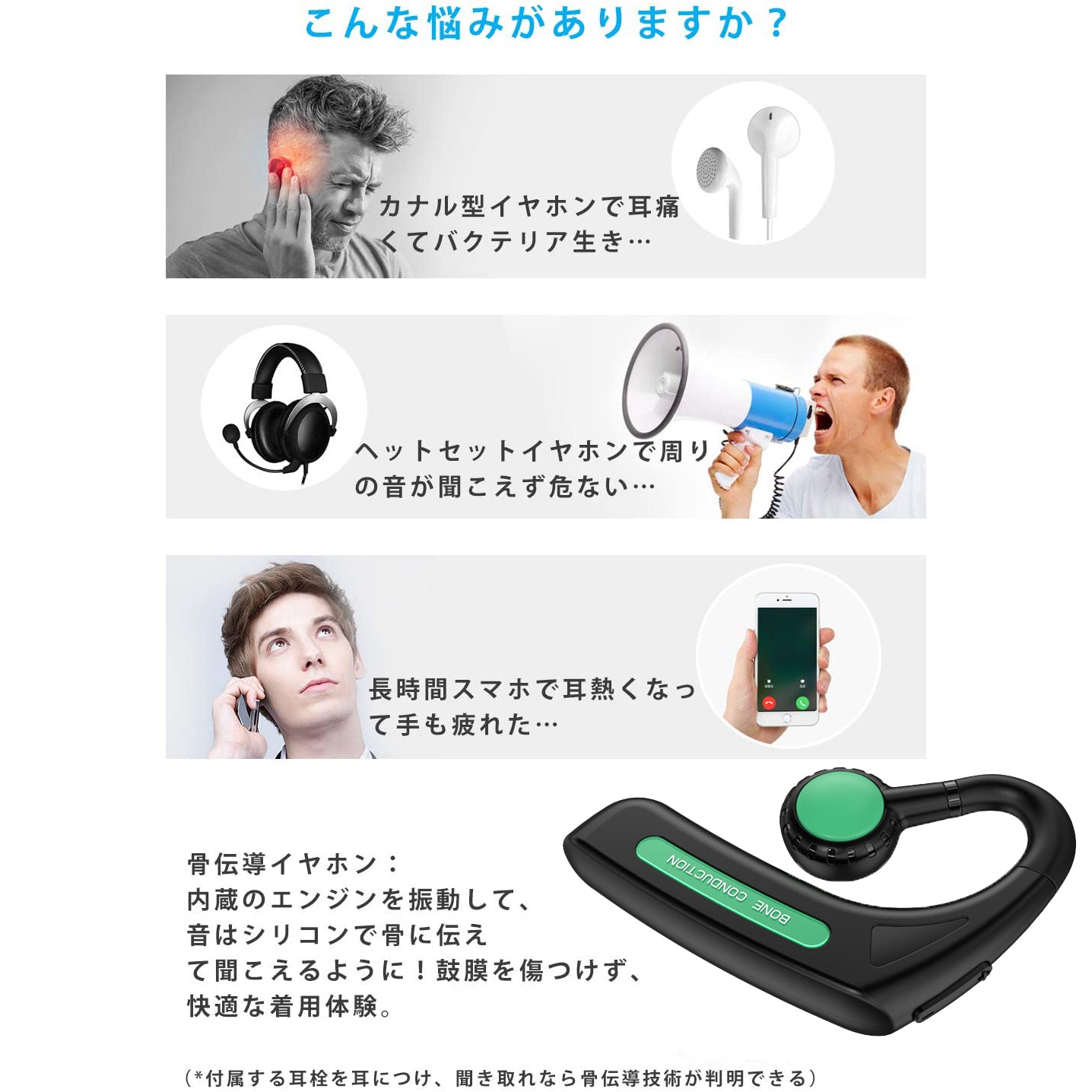 骨伝導 イヤホン Bluetooth 片耳掛け　ワイヤレス マイク付き ヘッドホン(w213)ブルー