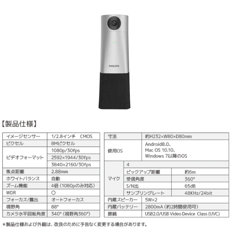 web会議 マイク スピーカー PHILIPS スマートミーティング カメラ＆スピーカー  PSE0550 フィリップス 会議用webカメラ ウェブカメラ カメラ マイク スピーカー付き リモート会議 オンライン授業 ビデオ会議 無指向性マイク