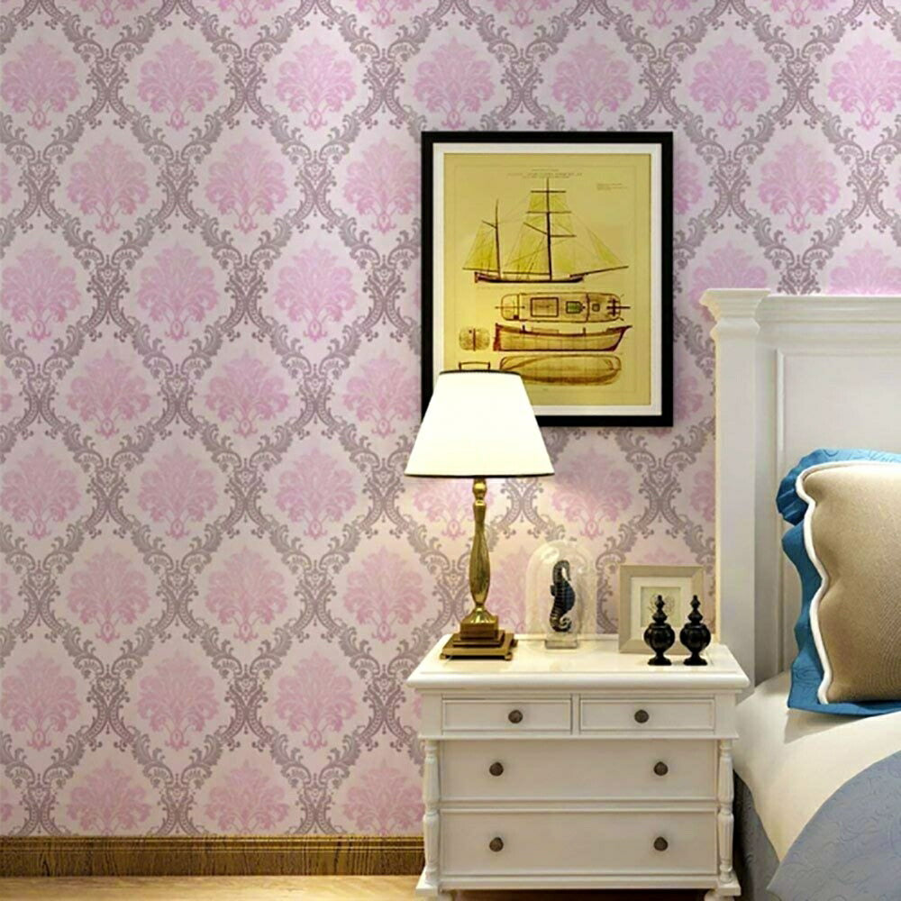 壁紙 ダマスク柄 ピンク 3本セット damask 45cm×1000cm シールタイプ DIY かわいい おしゃれ クロス 補修 ラグジュアリー 北欧 賃貸壁紙 背景 プレゼント 贈物 シンプル ベッドルーム リビング お洒落 防音 リメイク リフォーム シート