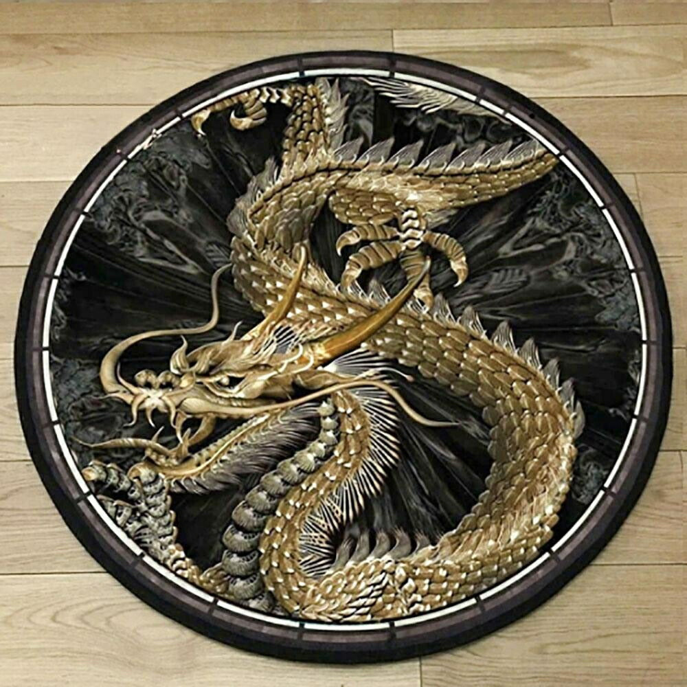 マット 玄関 用 丸型 黄金龍 60cm 龍 お風呂場 バスルーム カーペット 暖かい 温かい 温もり ふわふわ 滑り止めマット ペット 厚手 折り曲げ 足冷え対策 ズレない キズ防止 滑り防止 アンティーク チャーミング 誕生日 クリスマス ギフト