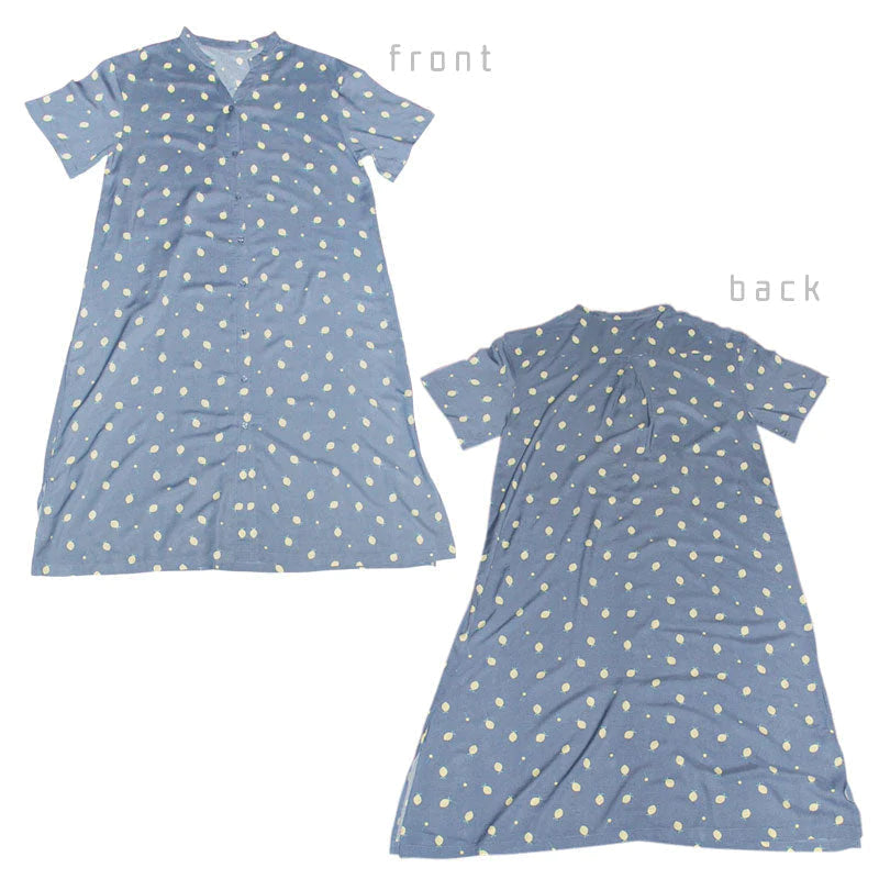 ロング丈マタニティパワンピース マタニティー半袖 前開き マタニティウェア 夏 マタニティ服 マタニティー服 妊婦服 マタニティ ワンピース ルームウェア 部屋着 ボタン レモン柄 ブルー レーヨン かわいい  ミモレ丈 ミディ丈 マキシ丈