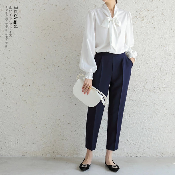 【超得ハイパーSALE】ボウタイリボンパフスリーブブラウス（ホワイト/Mサイズ）