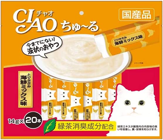 チャオ (CIAO) 猫用おやつ ちゅ~る とりささみ 海鮮ミックス味 20本　オレンジ
