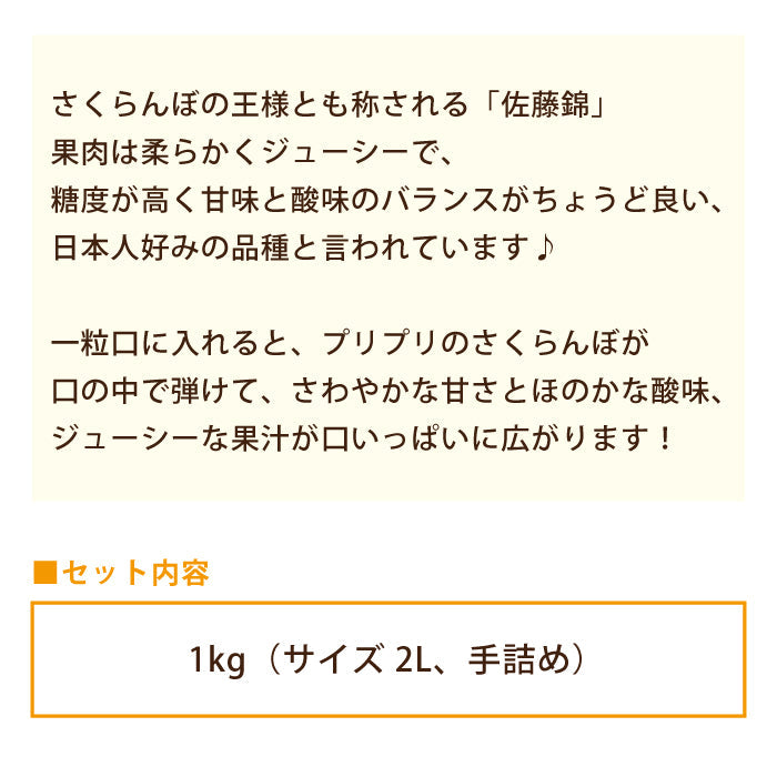 さくらんぼ（佐藤錦）　約1kg（2L・手詰め）