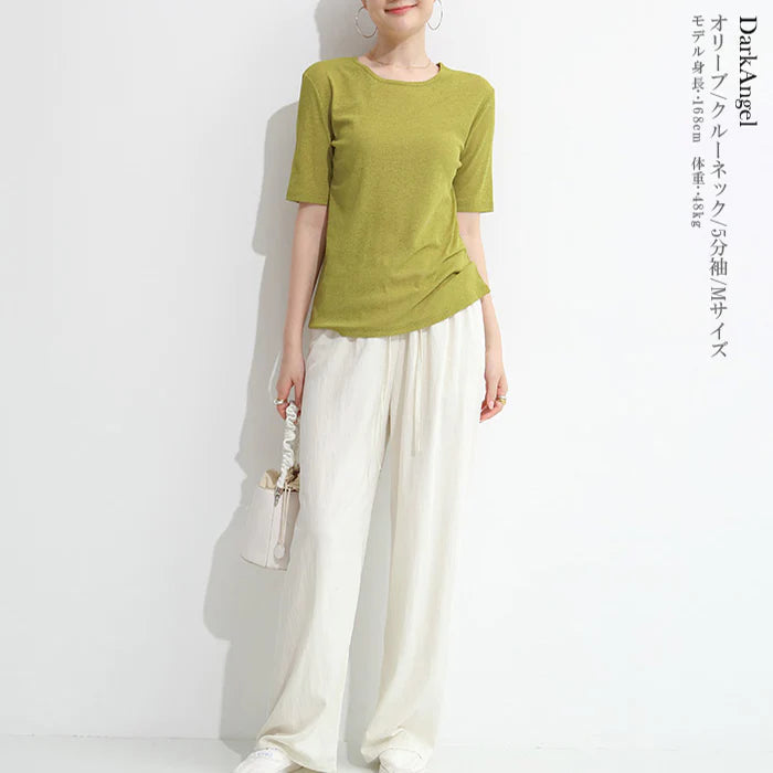 （オリーブ/クルーネック/5分袖/Lサイズ）シアーTシャツ【ゲリラセール】