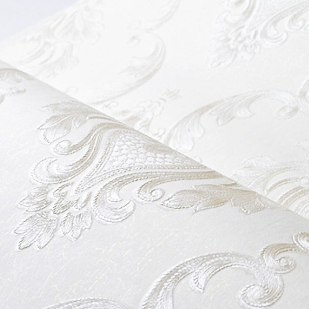 壁紙 3本セット ダマスク柄 ホワイト 白  damask 53cm×1000cm DIY のりなし かわいい おしゃれ クロス 補修 ラグジュアリー 北欧 賃貸壁紙 背景 プレゼント 贈物 厚手 シンプル ベッドルーム リビング お洒落 防音 リメイク