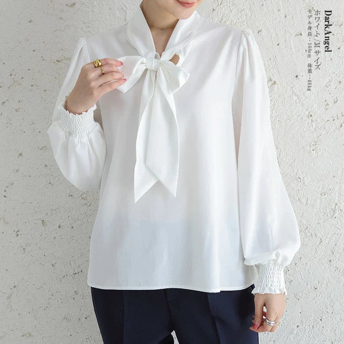 【超得ハイパーSALE】ボウタイリボンパフスリーブブラウス（ホワイト/Mサイズ）