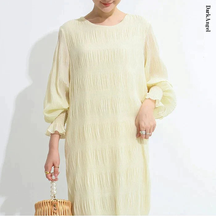 【超得ハイパーSALE】シャーリングシフォンワンピース（アイボリー/長袖/Lサイズ）