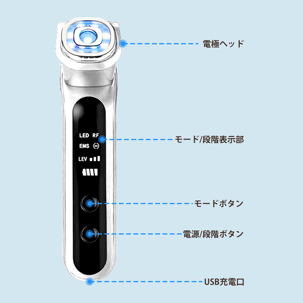 美顔器 光エステ ems 微電流 RFラジオ波 イオン導入器 イオン導出 7色LED 1台5役 温冷美顔器 リフトアップ 温熱ケア 冷やす 振動 毛穴ケア 黒ずみ 汚れとり 小顔 引き締め フェイスケア 美肌 美容家電