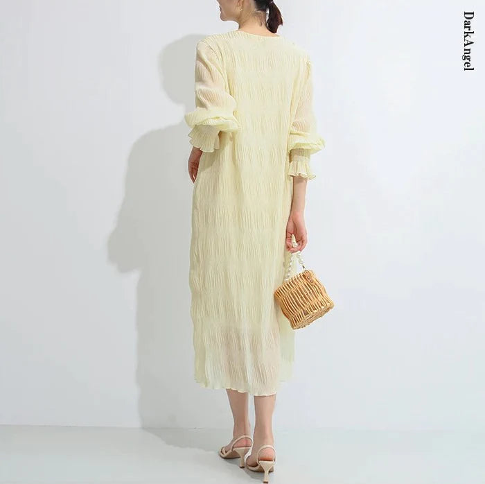 【超得ハイパーSALE】シャーリングシフォンワンピース（アイボリー/長袖/Mサイズ）