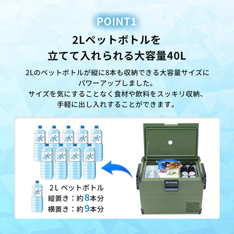 【超得ハイパーSALE】ポータブル冷蔵庫 40L -20℃～10℃ 急速冷凍 2部屋 DC12V-24V/AC100V 静音 コンプレッサー 車載冷蔵庫 アウトドア冷蔵庫 ミニ冷蔵庫 セカンド冷凍冷蔵庫 セカンド冷凍庫 クーラーボックス アウトドア レジャー キャンプ グリーン RLC-CF40 RELICIA TOHO
