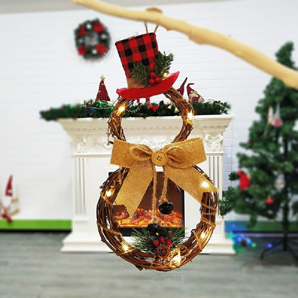 クリスマスリース 40×20 雪だるま LEDライト Xmas リース 造花 花輪 アートフラワー 照明 クリスマス 玄関 丸 輪っか ドア 飾り 装飾 インテリア お祝い 誕生日 クリスマス飾り プレゼント フラワーリース 室内 壁面装飾 壁掛け ギフト