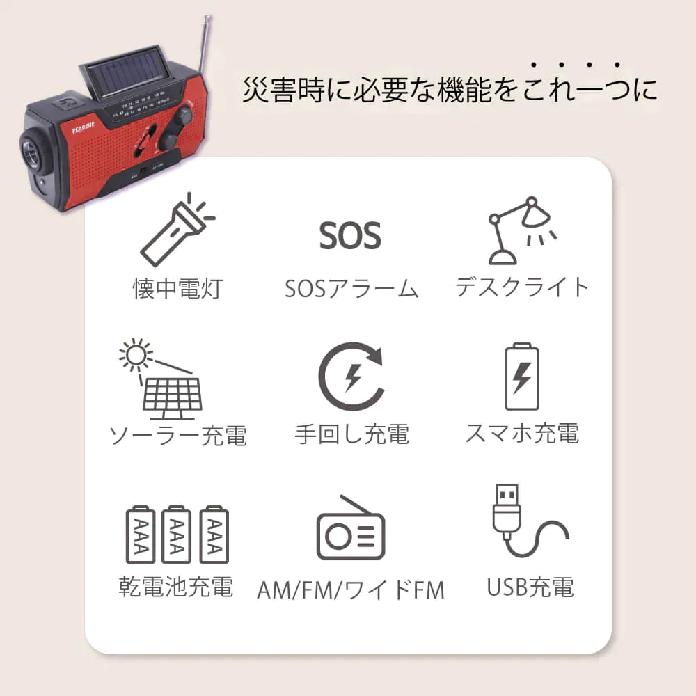 【非公開】多機能防災ラジオライト【10年保存電池付き】レッド