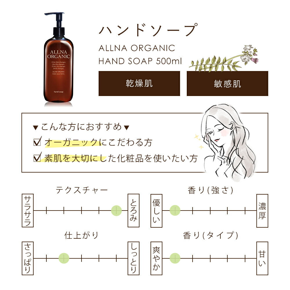 ハンドソープ 無添加 合成香料 オルナ オーガニック 合成着色料 フリー 手荒れ 敏感肌 用 保湿 おしゃれ ハンドウォッシュ 「 コラーゲン ヒアルロン酸 ビタミンC誘導体 セラミド 配合」500ml ALLNA ORGANIC