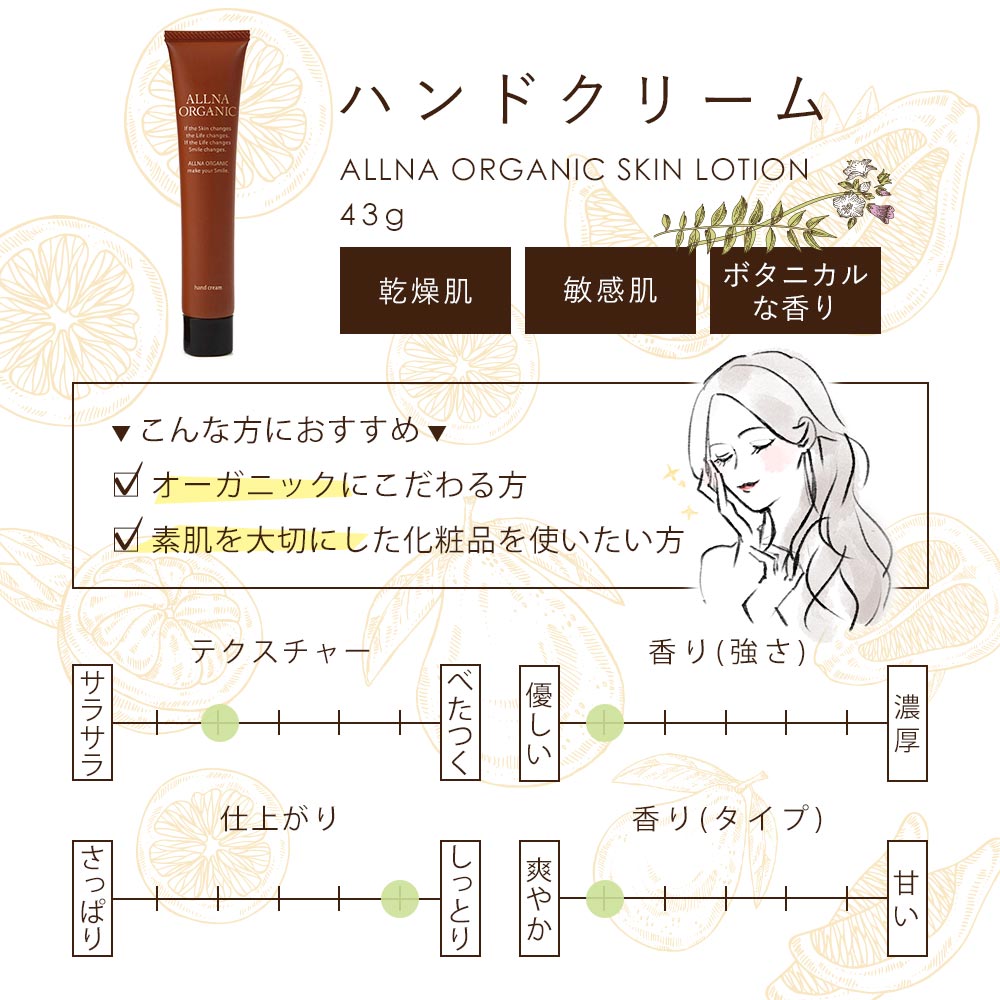 ハンドクリーム ハンドケア 無添加 オルナ オーガニック合成着色料 合成香料 不使用 天然アロマの香り コラーゲン ヒアルロン酸 ビタミンC誘導体 セラミド ギフト プレゼント 43g