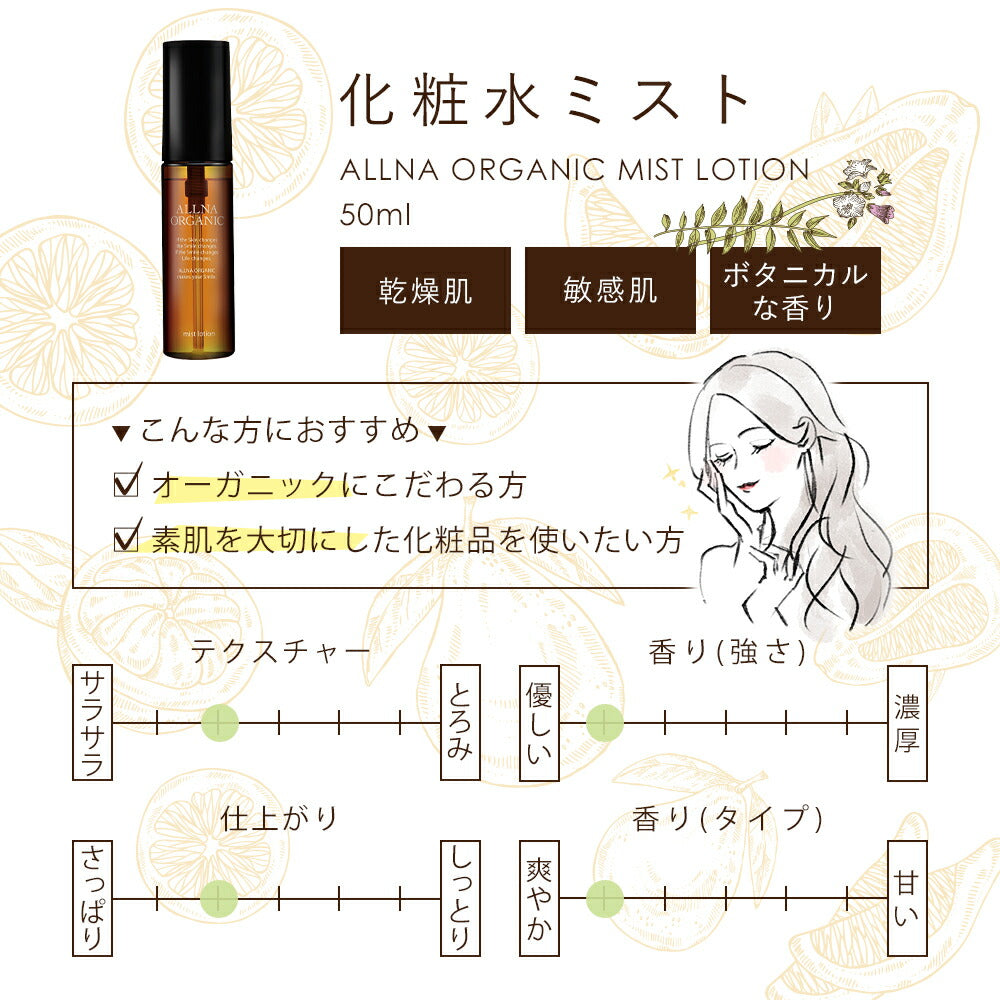 化粧水 スプレー【 メイクの上から 顔 に シュッ！ かんたん 保湿 】 オルナ オーガニック ミスト 化粧水 「 持ち運びやすい 縦型 容器 の ボトル タイプ 」「 9種の 無添加 信頼の 日本製 」ALLNA ORGANIC 50ml