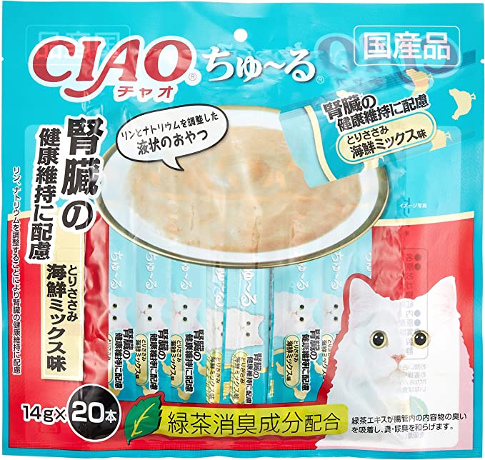 チャオ (CIAO) 猫用おやつ ちゅ~る 腎臓の健康維持に配慮 とりささみ 海鮮ミックス味 14g×20本入 ちゅーる