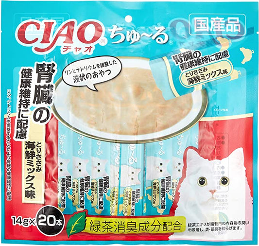 チャオ (CIAO) 猫用おやつ ちゅ~る 腎臓の健康維持に配慮 とりささみ 海鮮ミックス味 14g×20本入 ちゅーる