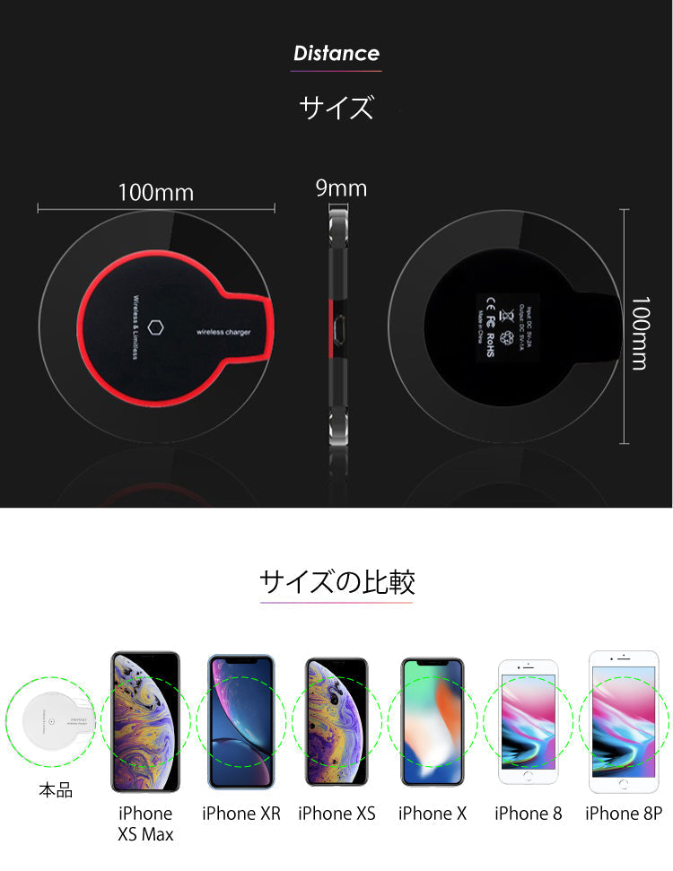 【当店限定 USBケーブル1mに長く太く品質改良】（ブラック） iphone 充電器 クリア 丸 ワイヤレス 充電器 Qi 無線充電 スマホ Galaxy s10 s9  17-bat2
