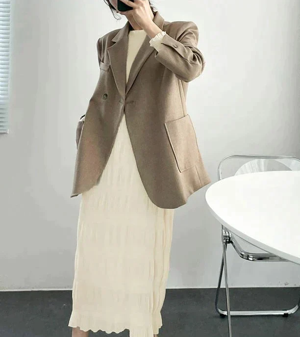 シャーリングシフォンワンピース（アイボリー/長袖/Mサイズ）