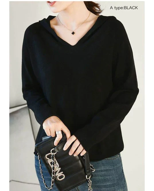 ブラック　開店記念SALE 自社ブランド ２９９９パーカー ニット =８９９円　さらに送料無料、　追跡あり　！！パーカー ニット チャンキーニットトップス Vネックニット フードニット レディース セーター プルオーバー シルキータッチ カシミアタッチ パーカー