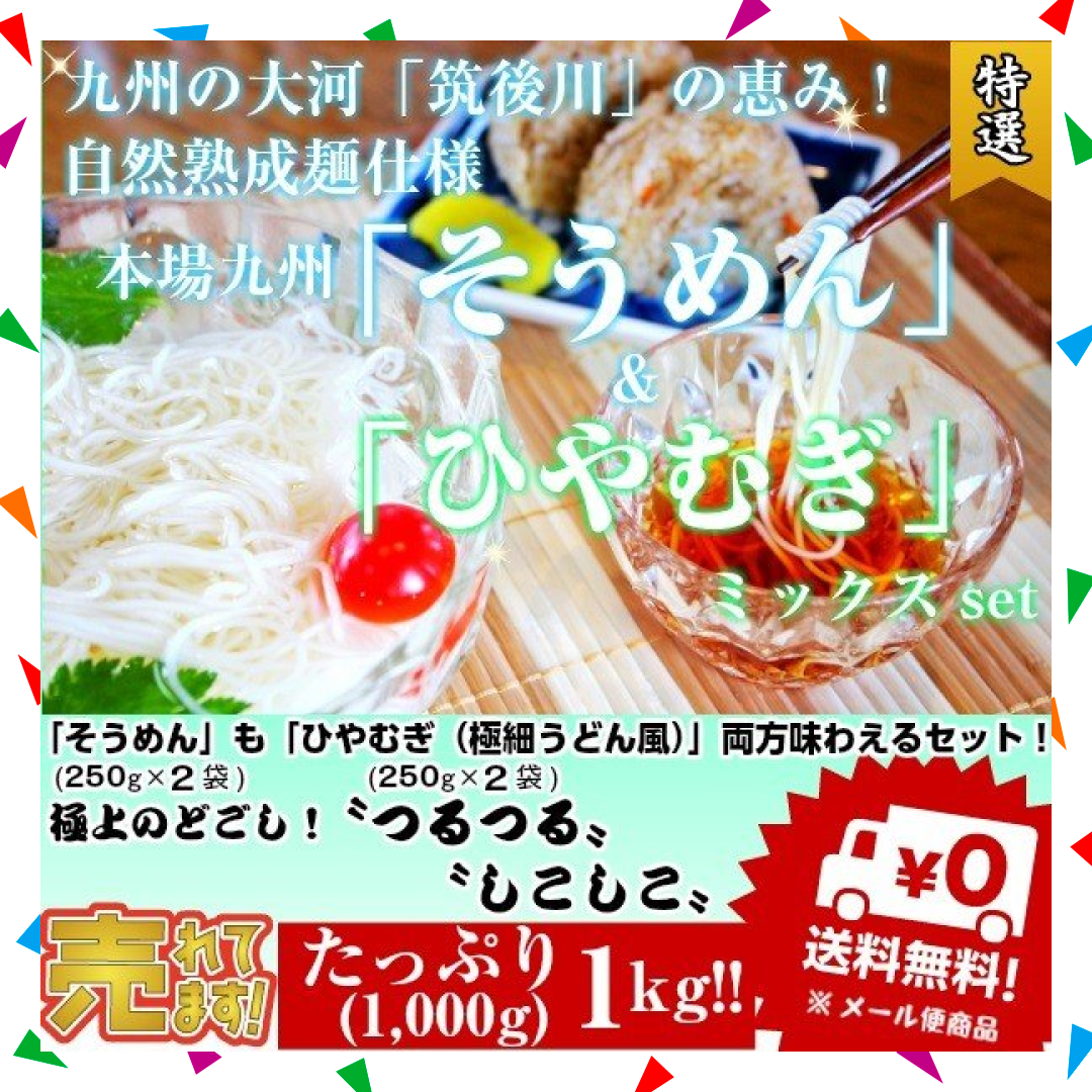 【70人シェア買い企画】そうめん　ひやむぎ　冷麦　素麺　お取り寄せ　九州熟成そうめん250g×2袋　&　九州熟成ひやむぎ250g×2袋　たっぷり1キロ　お試しグルメギフト