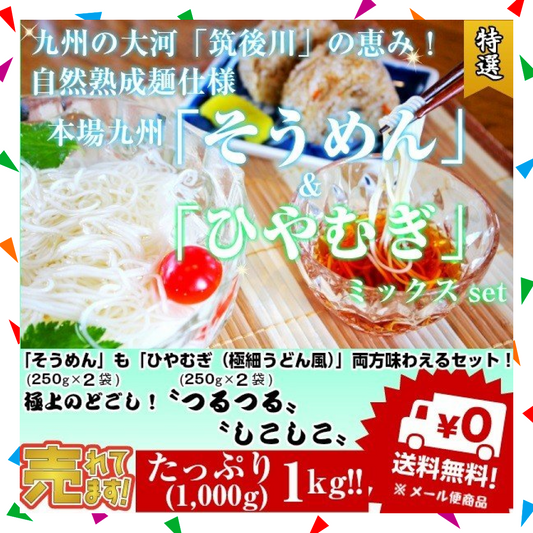 【70人シェア買い企画】そうめん　ひやむぎ　冷麦　素麺　お取り寄せ　九州熟成そうめん250g×2袋　&　九州熟成ひやむぎ250g×2袋　たっぷり1キロ　お試しグルメギフト
