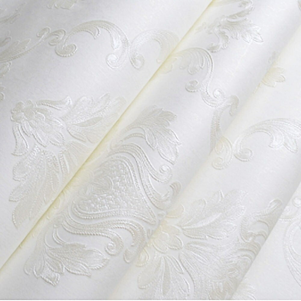 壁紙 ダマスク柄 ホワイト 白  damask 53cm×1000cm DIY のりなし かわいい おしゃれ クロス 補修 ラグジュアリー 北欧 賃貸壁紙 背景 プレゼント 贈物 厚手 シンプル ベッドルーム リビング お洒落 防音 リメイク リフォーム