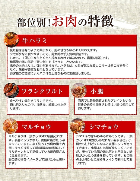 牛ハラミ入り焼５種1.2kg（ハラミ・シマチョウ・ショウチョウ・マルチョウ・フランクフルト