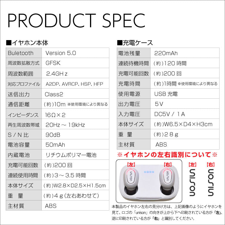 【ホワイト】ワイヤレスイヤホン UNISON Bluetooth5.0 ブルートゥース イヤホン iPhone アンドロイド スマホ 完全ワイヤレスイヤホン 片耳 マイク 通話 ランニング