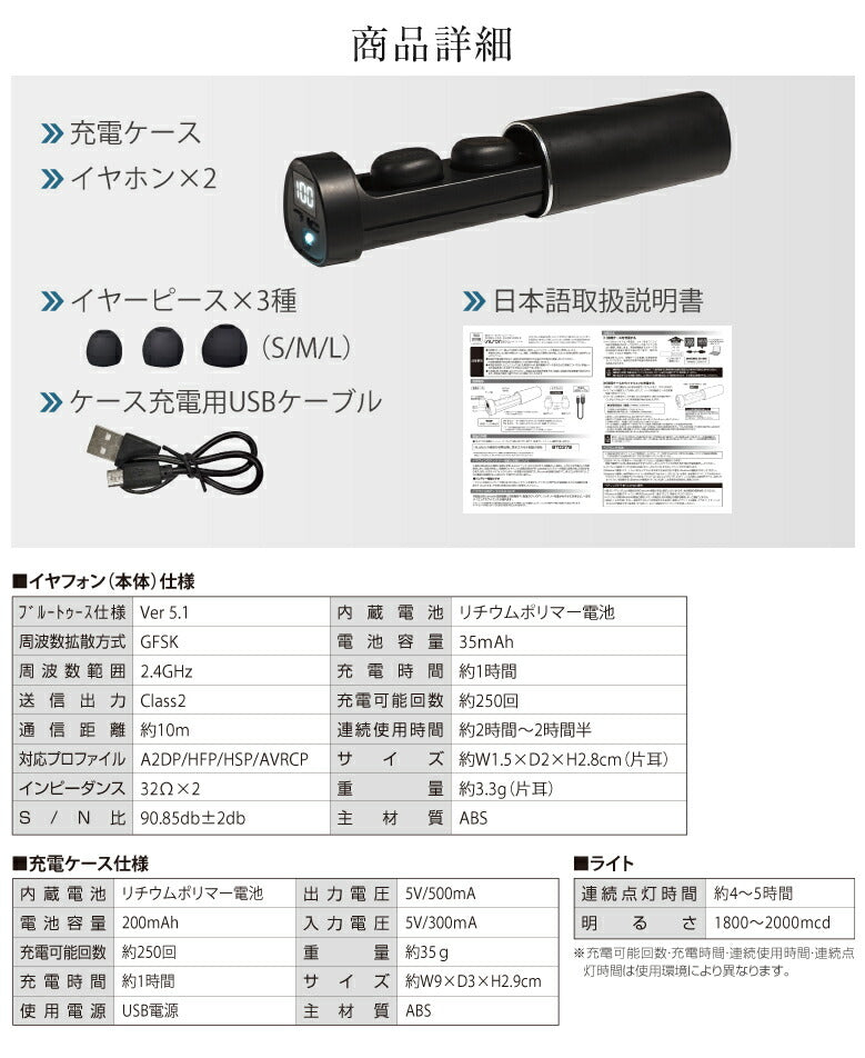 【ホワイト】ワイヤレスイヤホン Bluetooth5.1 イヤホン ブルートゥース iPhone 液晶付き  LEDライト付き 完全ワイヤレスイヤホン イヤフォン アイフォン