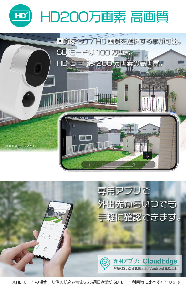 防犯カメラ 充電式 電池式 バッテリー内蔵 屋外 ワイヤレス 電源不要 小型 監視カメラ 200万画素 防水 コードレス 室内 スマホ wifi SDカード録画