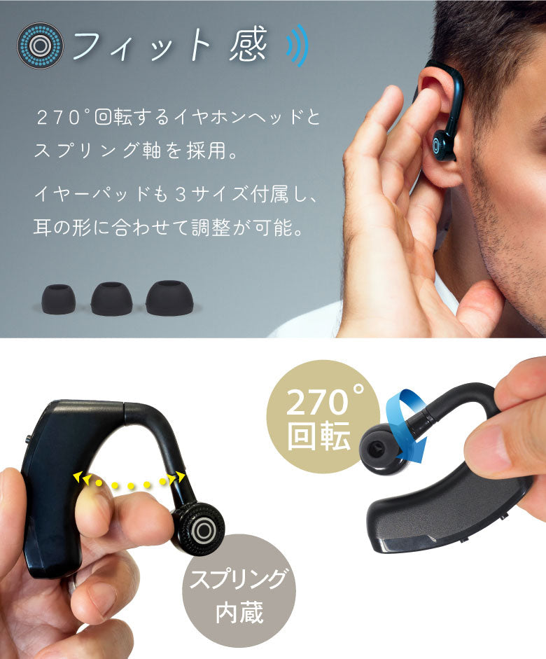 ワイヤレスイヤホン ハンズフリー イヤホンマイク Bluetooth5.0 片耳 ヘッドセット 耳掛け型 270°回転 左右兼用 iphone ブルートゥース 在宅勤務 高音質 通話