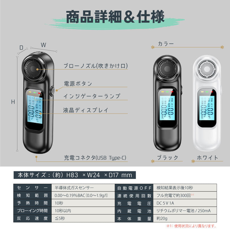 【ホワイト】アルコールチェッカー アルコール検知器 お酒 USB充電式 日本語表示 飲酒チェッカー アルコール測定器 アルコールセンサー 記録 業務用 会社 非接触型 飲酒運転防止