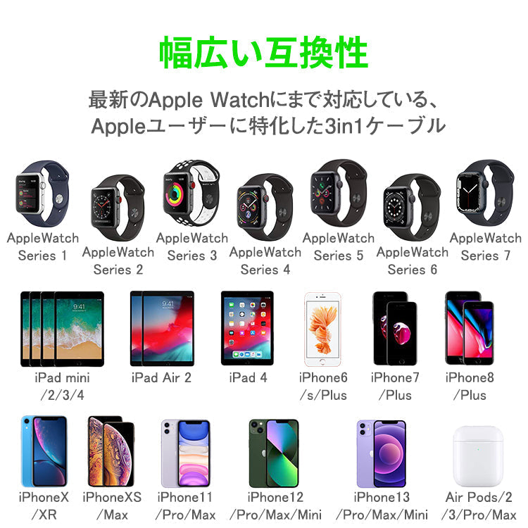 3in1充電ケーブル ライトニングケーブル Micro USB Type C iPhone Apple Watch 3in1 充電 ケーブル 2A 急速充電 1本3役 アイフォン アップル ウォッチ 1.2m