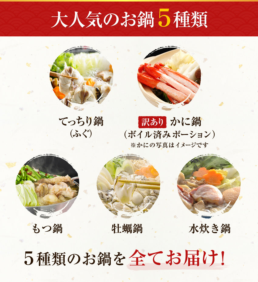 【最安値挑戦祭】豪華５種鍋セット （もつ鍋・牡蠣鍋・水炊き鍋・かに鍋・てっちり鍋）