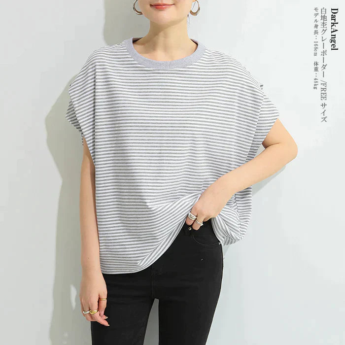 （白地杢グレーボーダー/FREEサイズ）ショルダータックTシャツ【ゲリラセール】