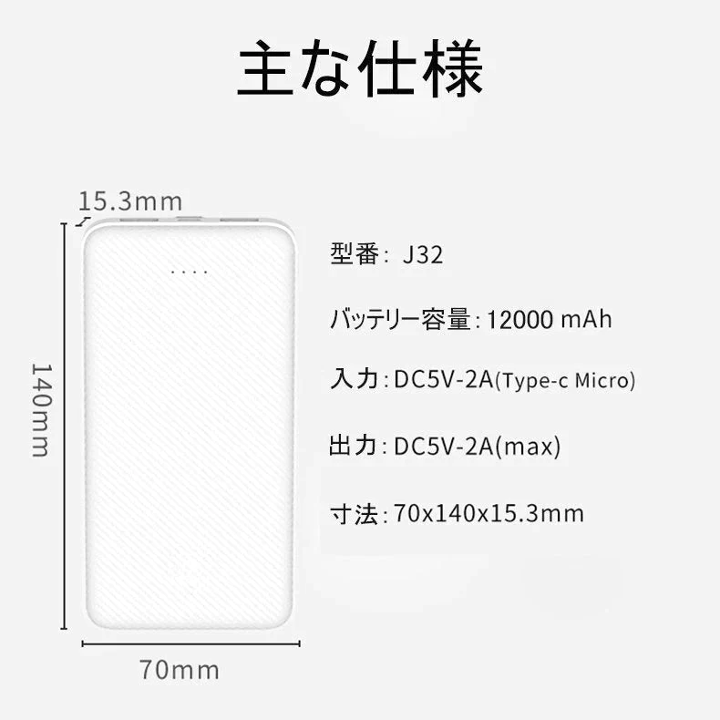 【2台同時充電可能！】モバイルバッテリー スマホ充電器 大容量 12000mAh 小型 急速充電器 PSE認証済 残量表示 2台同時充電 携帯充電器 iPhone/iPad/Android 各種対応 送料無料【ゲリラセール】