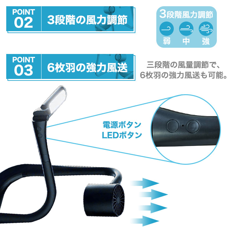 【WHITE】 首掛け扇風機 ネックファン ネッククーラー 携帯扇風機 首掛け 扇風機 ネック ファン クーラー LED ライト ハンズフリー ポータブル ハンディ 軽量