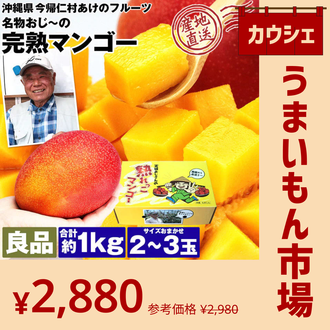 【カウシェうまいもん市場】マンゴー 沖縄 完熟マンゴー 良品 1kg 2～3玉 糖度14度選果 今帰仁村 産地直送 あけのフルーツ アップルマンゴー アーウィン種 常温便 同梱不可 指定日不可
