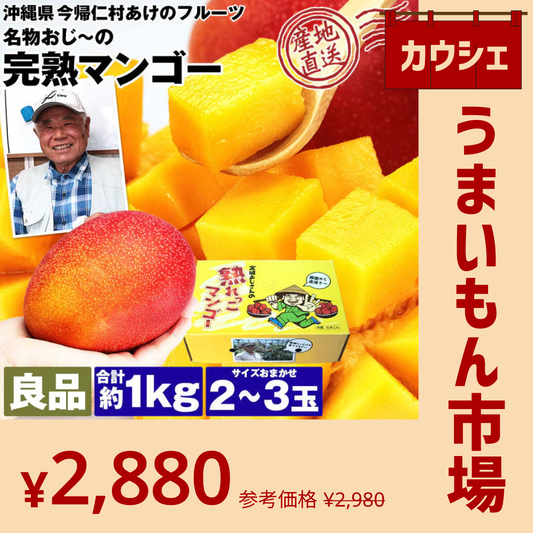 【カウシェうまいもん市場】マンゴー 沖縄 完熟マンゴー 良品 1kg 2～3玉 糖度14度選果 今帰仁村 産地直送 あけのフルーツ アップルマンゴー アーウィン種 常温便 同梱不可 指定日不可