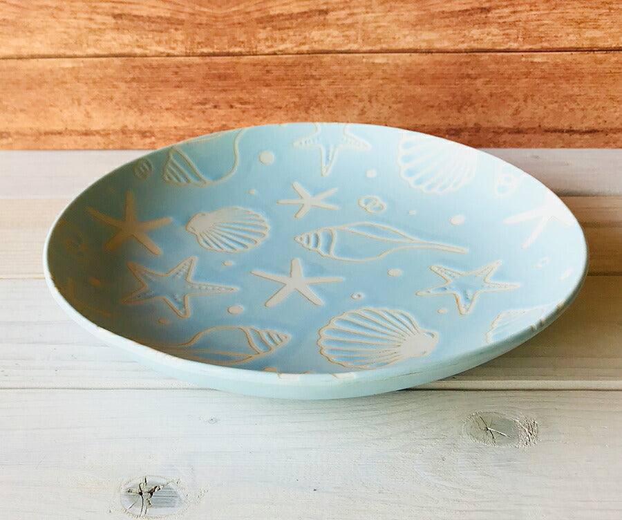 MERMAIDメインプレート ウォーターブルー 直径23.8cm ライトブルー 青色 水色 丸皿 大皿 メイン皿 パスタ皿 海 マリン貝殻 海星 マーメイド サンゴ おしゃれ リゾート インテリア 雑貨 国産 磁器 電子レンジOK 食洗機OK  陶器のふる里  trysケ