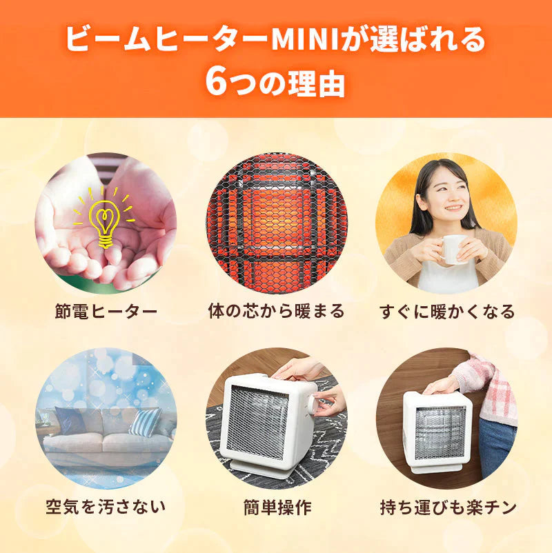 節電 ビームヒーターミニ ホワイト【同じ電気代で約2倍の暖かさの省エネ設計 1シーズンで約１万円の節電】電気 ストーブ 足元 暖房 カーボン セラミック ヒーター 遠赤外線 転倒OFF 速暖 省エネ トイレ 車中泊 キャンプ コンパクト 小型 軽量 RLC-BHMINI(W) RELICIA TOHO