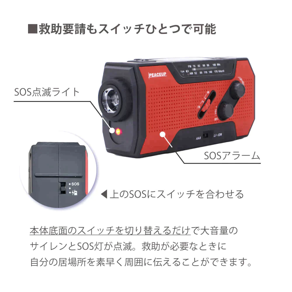 【非公開】多機能防災ラジオライト【10年保存電池付き】レッド