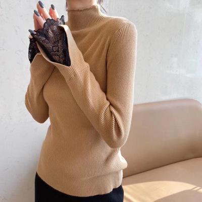 ブルーグレー　開店セール　袖レース　2980円→999円　 レディースファッション リブ タートルネック プルオーバー 長袖 トップス ハイネック レディース 可愛い おしゃれ カジュアル 韓国ファッション