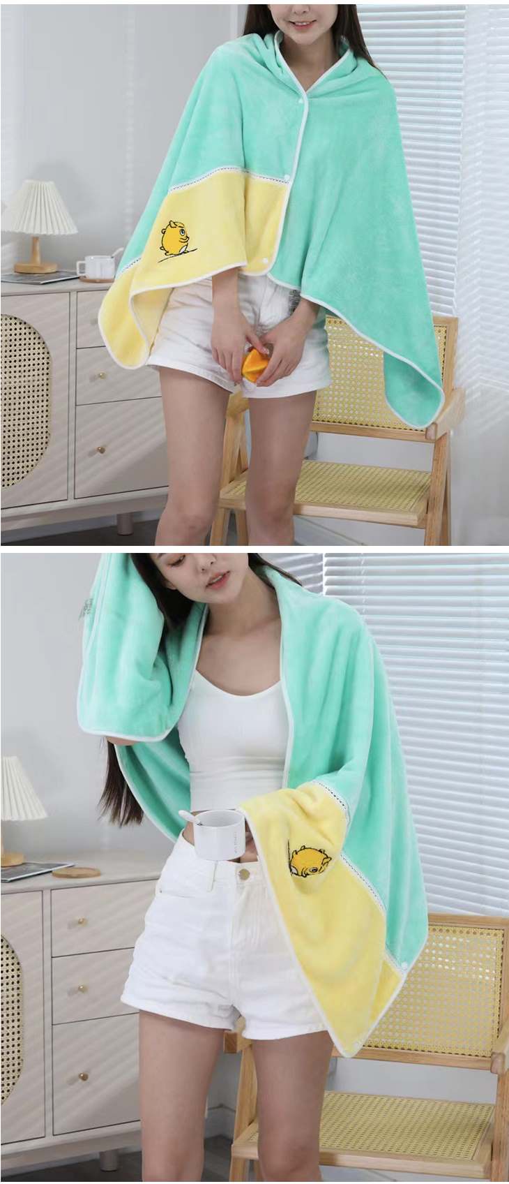 【グリーン】着るタオル 速乾 かわいい バスタオル 毛布 羽織 キャラクター オリジナル やわらかい ボタン プール 温泉 旅行 出張
