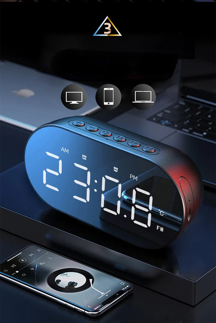 【ブラック】アラーム機能付き Bluetooth スピーカー 多機能 目覚まし時計 HD通話 温度計 ミラー 3段階の明度調整 ワイヤレス コンパクト 大容量バッテリー スマホスタンド ラジオ